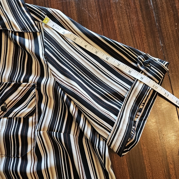 Elementz Striped Button Down Women's Short Sleeve Roll Tab Blouse Cream Black 1X - Picture 8 of 12